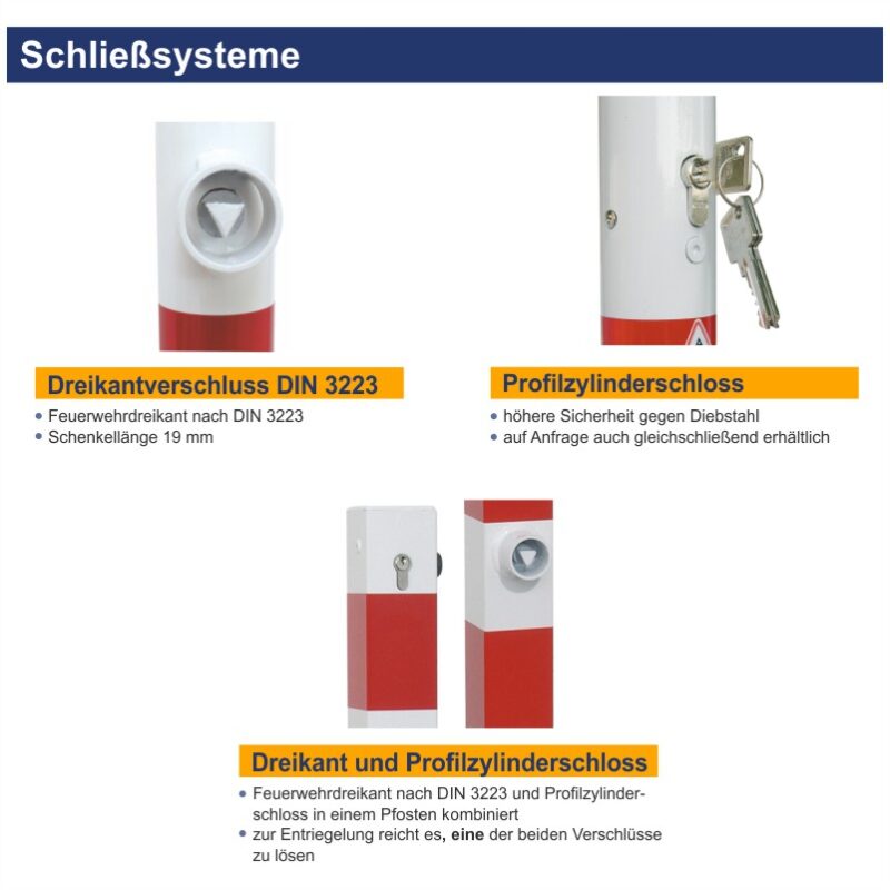 Absperrpfosten 70 x 70 mm, umlegbar, rot-weiß | Schließsysteme